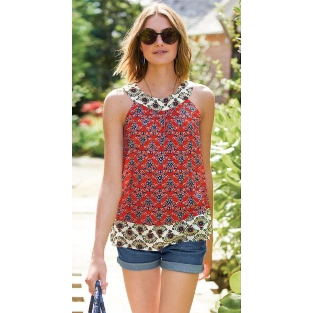 Boden Tank Top Women's Size 2 Red Floral Medallion Boho Sleeveless Keyhole Print